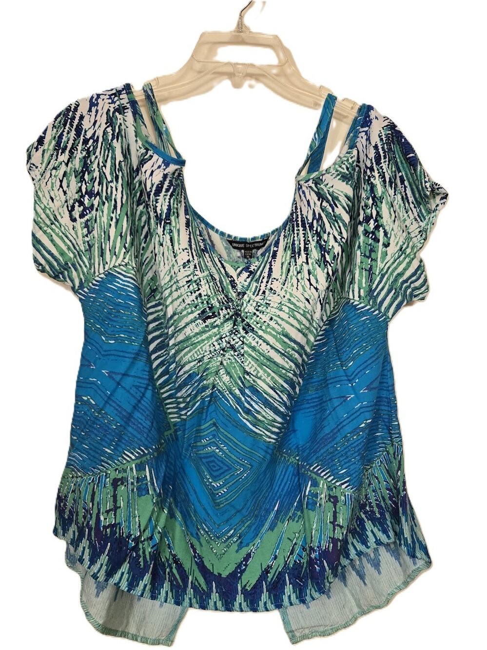 Unique Spectrum Cold Shoulder Top Blue Green Geometric Y2K Boho Women's Size XL